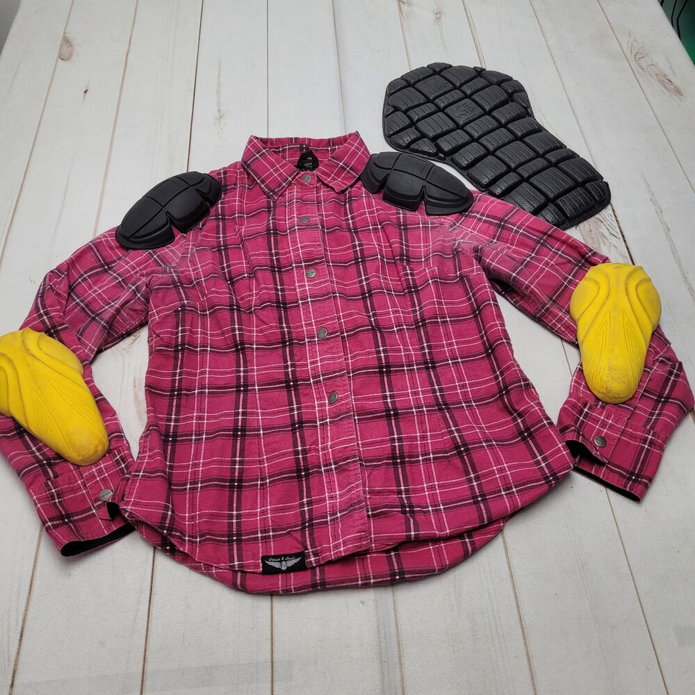 Street & Steel pink plaid flannel armored motorcycle riding jacket moto 2XL